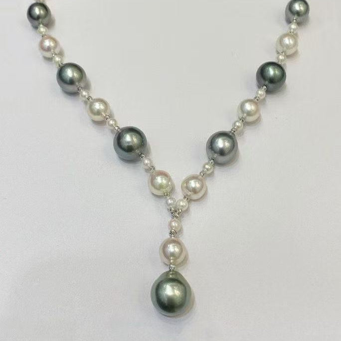 (JR-NL-0046) タヒチ産黒蝶真珠・アコヤ真珠 ネックレス ブラック＆ホワイト3.0mm～12.0mm