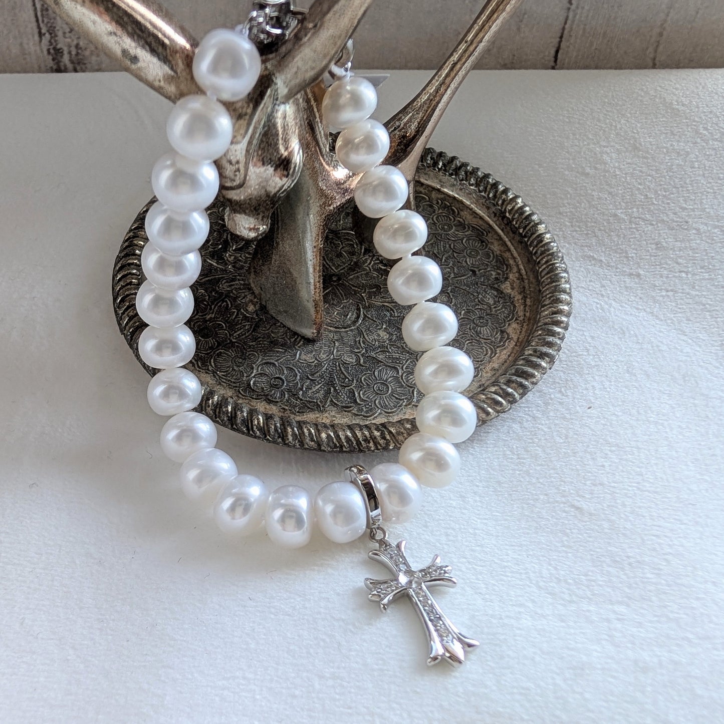 淡水真珠 ホワイト 十字架 ブレスレット 16～17 cm S925 (JR-BR-0036)