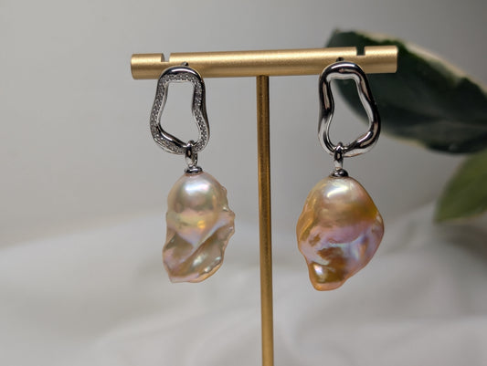 淡水真珠 バロック ローズゴールド 16ｍｍ～19mm S925  (JR-ER-0040)