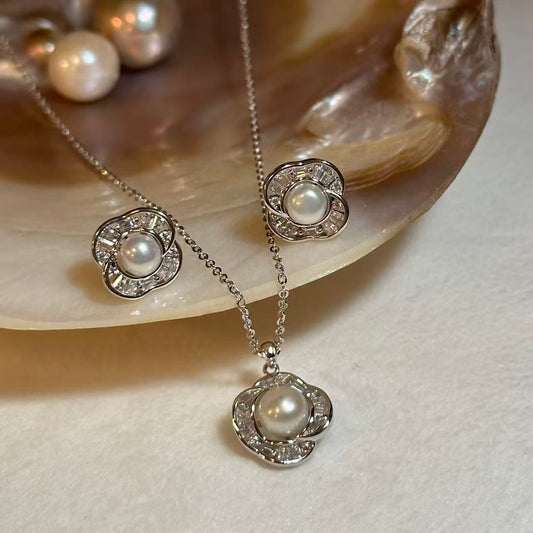 (JR-NL-ER-0004) 淡水真珠 ネックレス&ピアス ホワイト 5.0mm～7.0mm