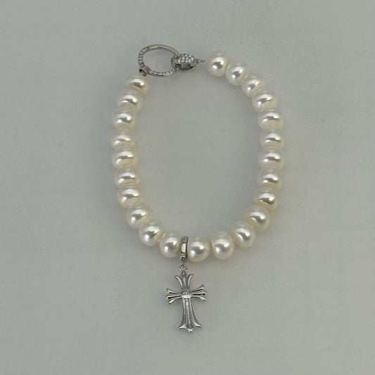 淡水真珠 ホワイト 十字架 ブレスレット 16～17 cm S925 (JR-BR-0036)