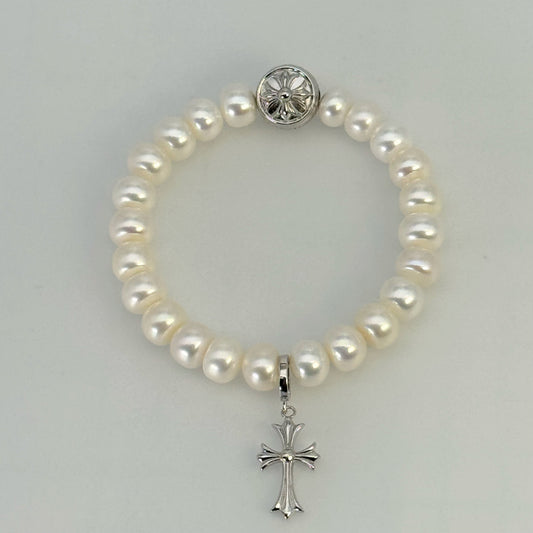 淡水真珠 ホワイト 十字架 ブレスレット 16～17 cm S925 (JR-BR-0037)
