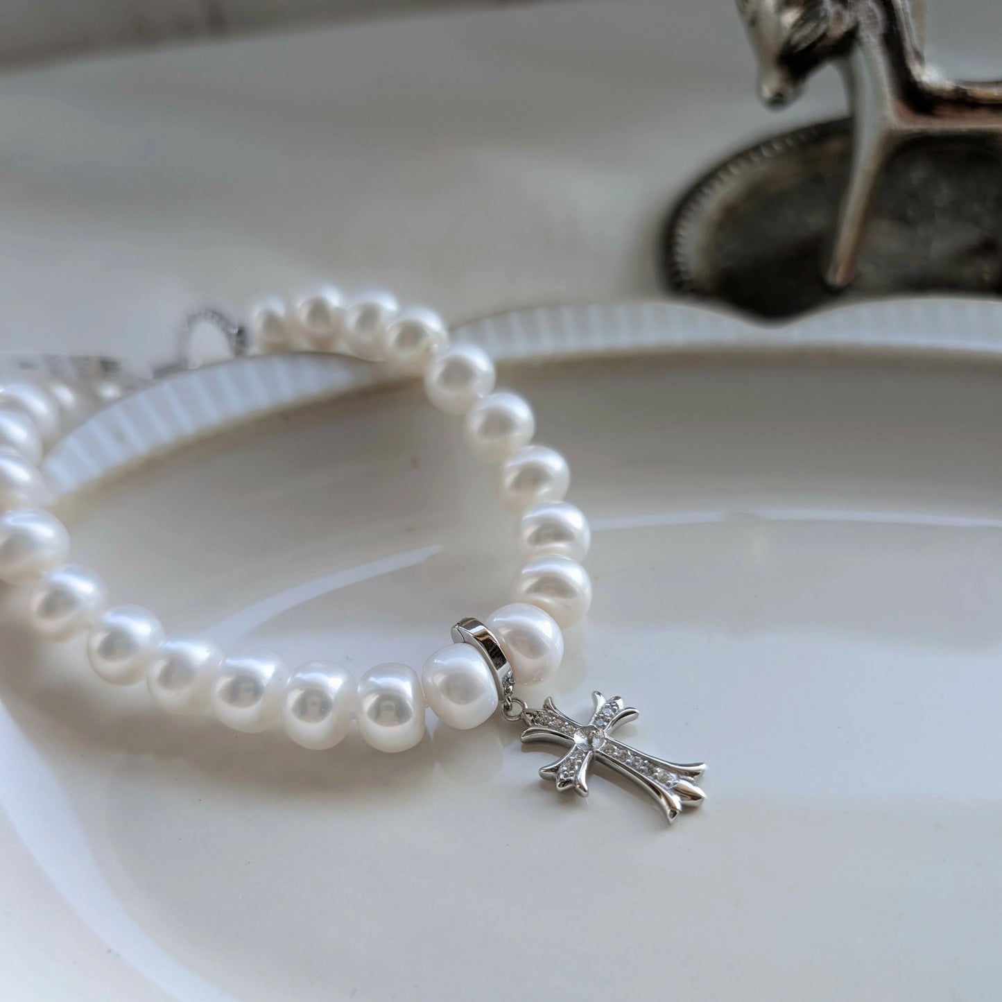 淡水真珠 ホワイト 十字架 ブレスレット 16～17 cm S925 (JR-BR-0036)