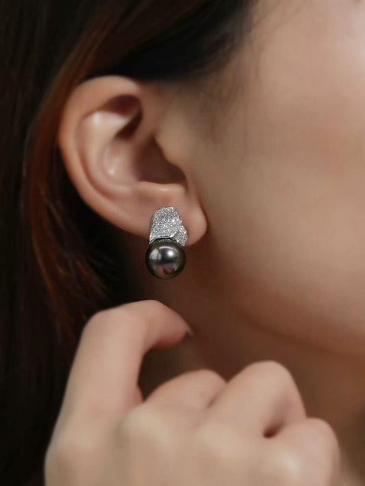 (JR-ER-0025) 黒蝶真珠 ピアス ブラック ピーコックグリーン 10.0mm～11.0mm