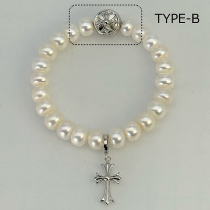 淡水真珠 ホワイト 十字架 ブレスレット 16～17 cm S925 (JR-BR-0036)
